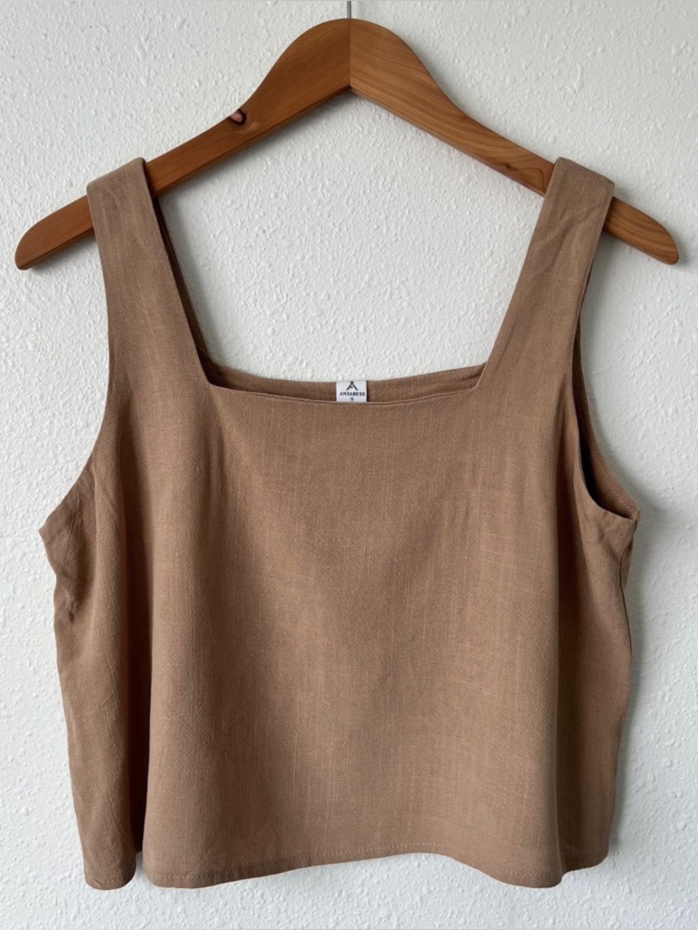 Anrabess Linen Blend Square Neck Sleeveless Crop Top in Taupe Size Small